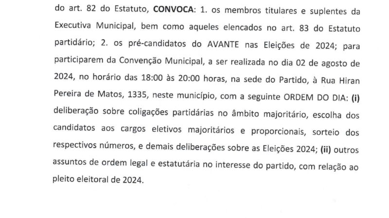 Edital de convocação para Convenção Municipal da Executiva Municipal do Partido AVANTE de Dourados – MS