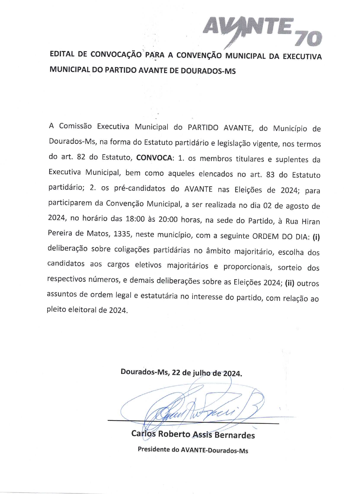 Edital de convocação para Convenção Municipal da Executiva Municipal do Partido AVANTE de Dourados – MS