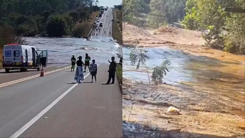 VÍDEO: Água de barragem que se rompeu invade a BR-163 em Campo Grande e alaga casas