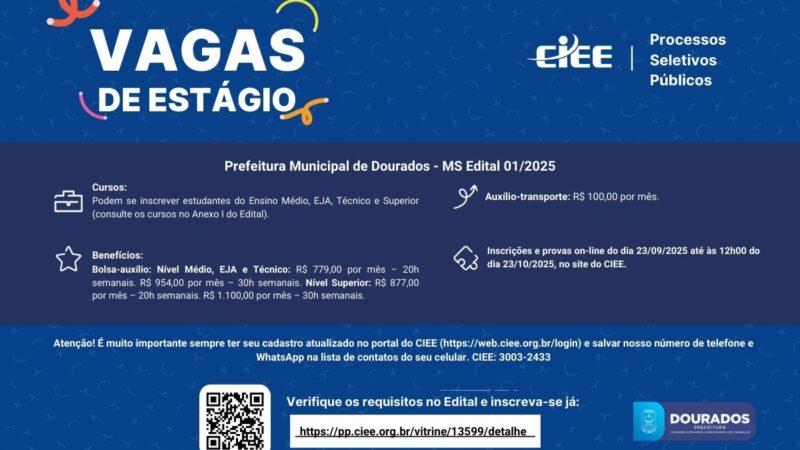 Prefeitura recebe inscrições para estágio de estudantes com bolsa de até R$ 1,1 mil