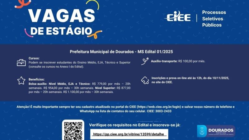 Prefeitura prorroga inscrições para estágio com bolsas de até R$ 1,1 mil